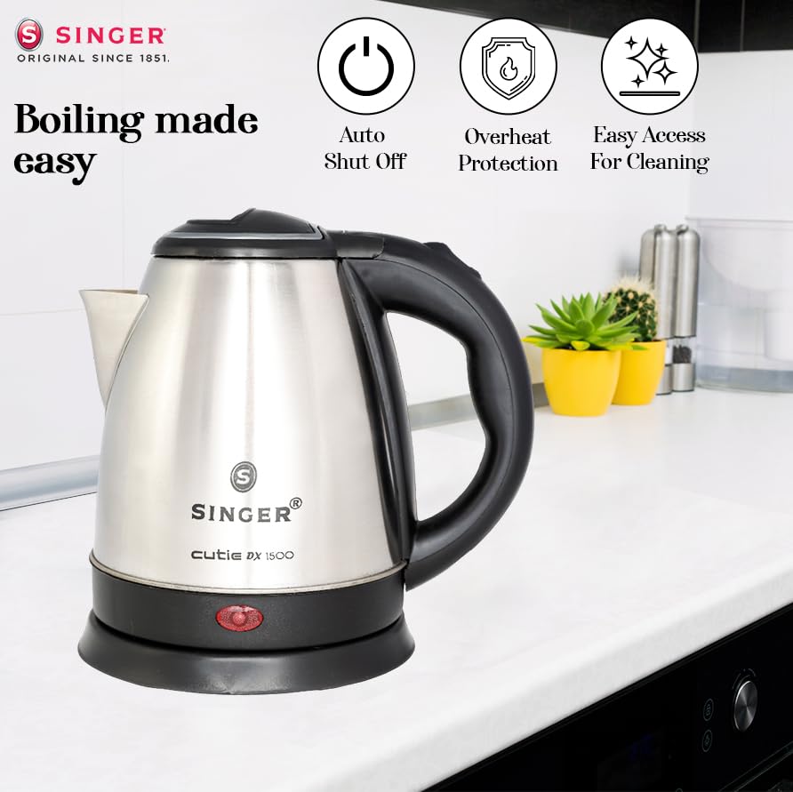 SINGER Cutie DX Electric Kettle 1350 Watts | 2 Years Warranty | 1.5 Liters | Quick Boil | Stainless Steel | Cool-Touch Handle and Lid | Auto Shut Off | Tea & Coffee, Instant Noodles, Rice, Soups - Image 5