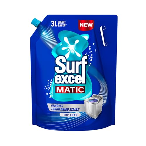 Surf Excel Matic Top Load Liquid Detergent 3L Refill Pouch, Specially designed to remove Tough Dried Stains, 1st time in Washing Machine