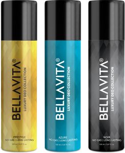 BELLAVITA Noir,Azure & Prestige Deo Parfum Combo|3x150ml|Long lasting Body spray| Deodorant Spray - For Men & Women(450 ml, Pack of 3)