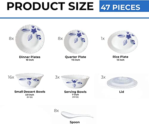 Larah by Borosil Morning Glory Silk Series Opalware Dinner Set | 47 Pieces for Family of 8 | Microwave & Dishwasher Safe | Bone-Ash Free | Crockery Set for Dining & Gifting | Plates & Bowls | White - Image 3