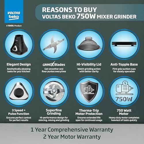 Voltas Beko, A Tata Product Superefficient 750 W Mixer Grinder with GrindX Technology (G7503HP-BL | 3 Jars | Black) - Image 4