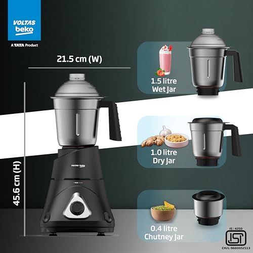 Voltas Beko, A Tata Product Superefficient 750 W Mixer Grinder with GrindX Technology (G7503HP-BL | 3 Jars | Black) - Image 5