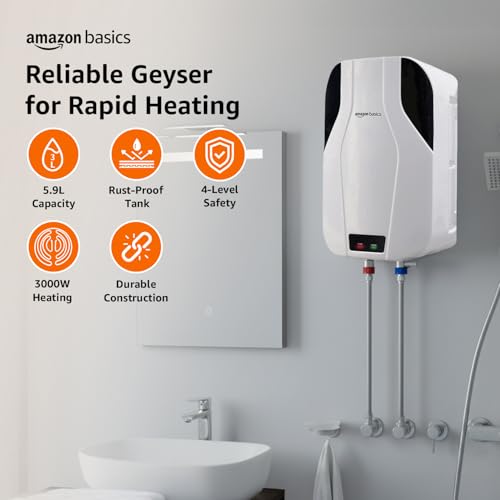 Amazon Basics 5.9L Instant Water Heater | 3KW | Geyser with PP Body & SS Tank | Corded Electric | Rust Proof | 4 Level Safety | White - Image 2