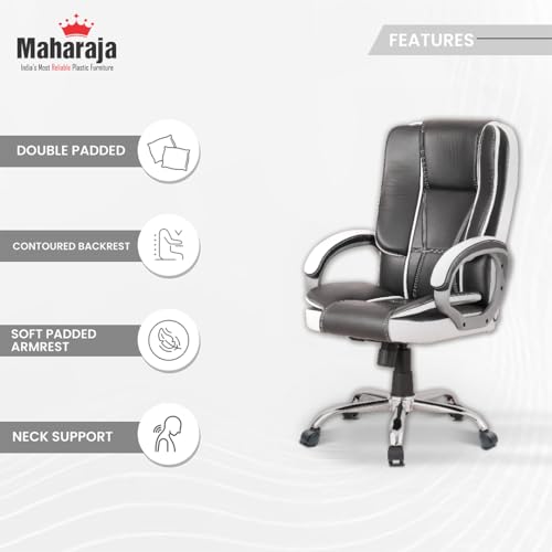 MAHARAJA Premium Revolving Office Chairs for Work from Home| Boss Chair for Office Work| Ergonomic Leather Orthopedic Executive Boss Chair with Spacious Cushioned Seat | Heavy Duty. (White & Black) - Image 4