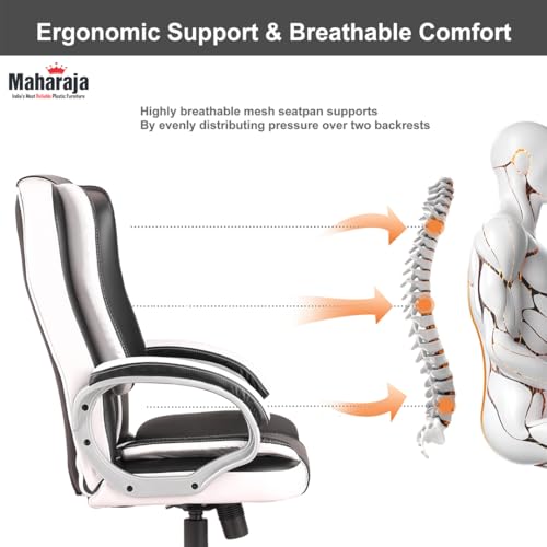 MAHARAJA Premium Revolving Office Chairs for Work from Home| Boss Chair for Office Work| Ergonomic Leather Orthopedic Executive Boss Chair with Spacious Cushioned Seat | Heavy Duty. (White & Black) - Image 6