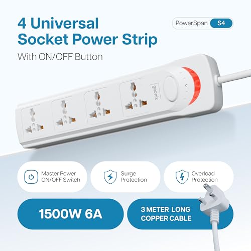 Geonix PowerSpan S4 | Extension Board with 4 Universal Sockets with on Off Button, 3mtr Long Copper Cable, 1500 Watts, 6 Amp Multi Plug for Office & Home Appliances (White) - Image 2