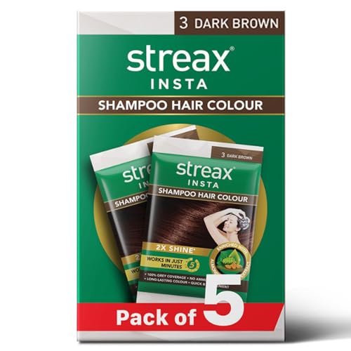 Streax Insta Shampoo Hair Colour Dark Brown for Women and Men, Pack of 5 | Dark Brown Hair Colour | 100% grey coverage in 5 minutes | Long lasting and easy to use