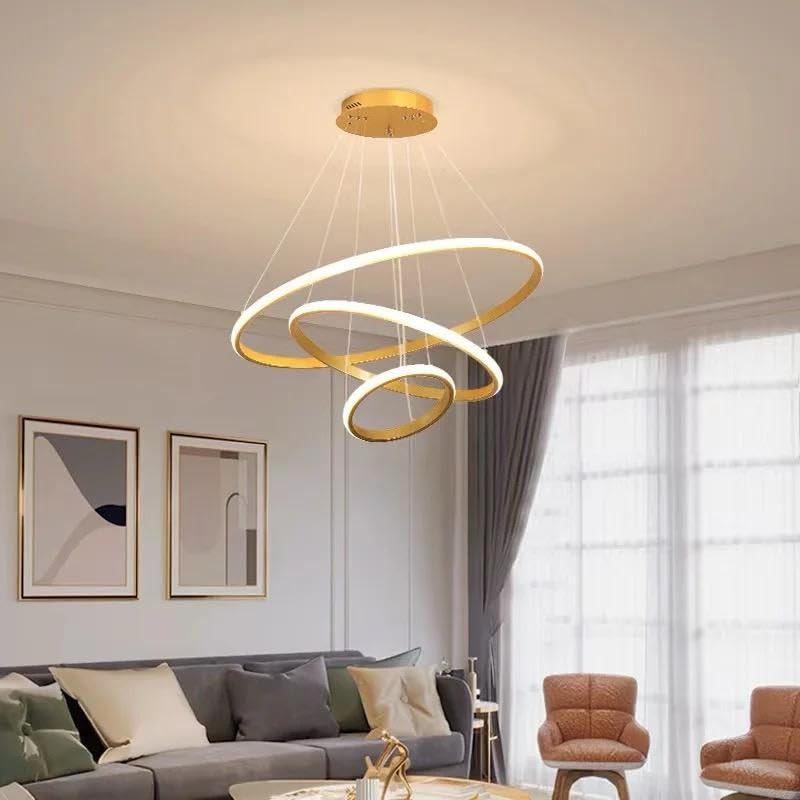 Modern LED Ring Pendant Chandelier Light | Contemporary Hanging Ceiling Lamp | Warm White Decorative Lighting Fixture | Gold Finish | Ideal for Dining Room, Living Room, Kitchen Island & Hall - Image 3