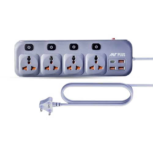 Electric PS431 Power Strip Individual Power Switch,10ft Universal Extension Cord 4 AC Outlets 3USB 1Type C PD Port, Max 2500W, 220-250v, Multiple Outlet Extender for Home Office Store_ Grey