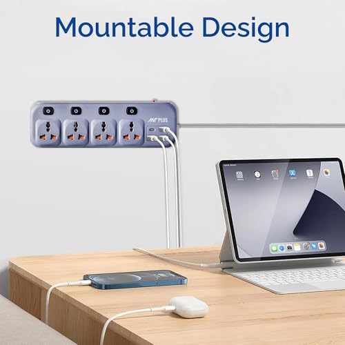 Electric PS431 Power Strip Individual Power Switch,10ft Universal Extension Cord 4 AC Outlets 3USB 1Type C PD Port, Max 2500W, 220-250v, Multiple Outlet Extender for Home Office Store_ Grey - Image 3