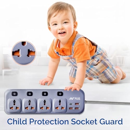 Electric PS431 Power Strip Individual Power Switch,10ft Universal Extension Cord 4 AC Outlets 3USB 1Type C PD Port, Max 2500W, 220-250v, Multiple Outlet Extender for Home Office Store_ Grey - Image 4