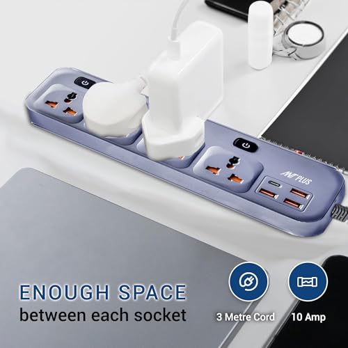 Electric PS431 Power Strip Individual Power Switch,10ft Universal Extension Cord 4 AC Outlets 3USB 1Type C PD Port, Max 2500W, 220-250v, Multiple Outlet Extender for Home Office Store_ Grey - Image 5