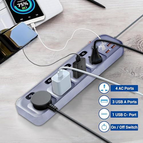 Electric PS431 Power Strip Individual Power Switch,10ft Universal Extension Cord 4 AC Outlets 3USB 1Type C PD Port, Max 2500W, 220-250v, Multiple Outlet Extender for Home Office Store_ Grey - Image 7