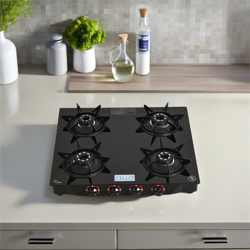 CELLO Hexa Manual Ignition Black Aluminium Alloy Burner Toughened Glass Iron Manual Gas Stove(4 Burners)