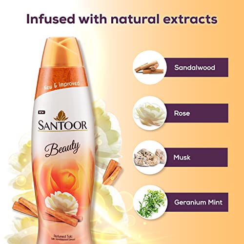 Santoor Beauty Perfumed Talc with Sandalwood Extracts| Sandal, Rose, Musk & Geranium Mint Fragrance| Absorbs Excess Moisture| Dermatologically Tested| For All Skin Types (150g, Pack of 2) - Image 5