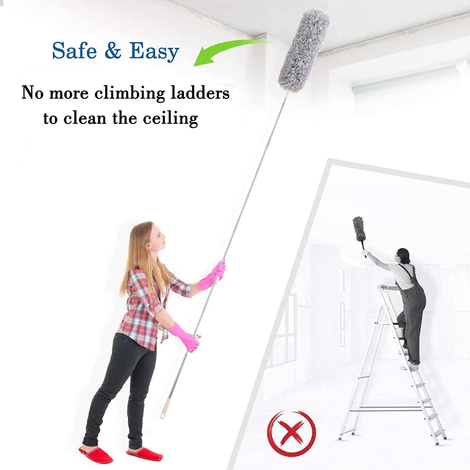 UCRAVO 2025 Upgraded Fan Cleaning Mop Microfiber Duster with Extension Pole(Stainless Steel), Extra Long 100 inches, with Bendable Head, Extendable Duster for Cleaning High Ceiling Fan, Interior Roof - Image 4