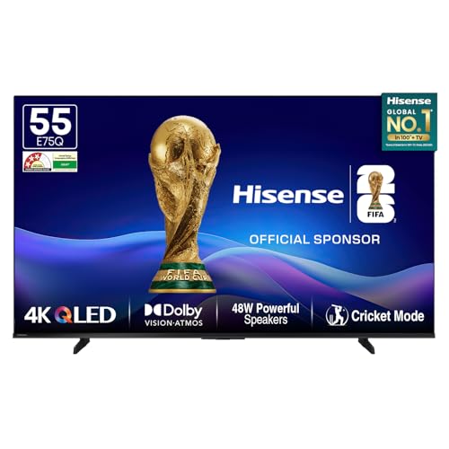 Hisense 139 cm (55 Inches) 4K Ultra HD Smart QLED TV | 48W Powerful Speakers | Dolby Atmos & HDR10+ | ALLM, VRR & Game Mode | Cricket Mode | AI 4K Upscaler | VIDAA OS | 55E75Q (Black)