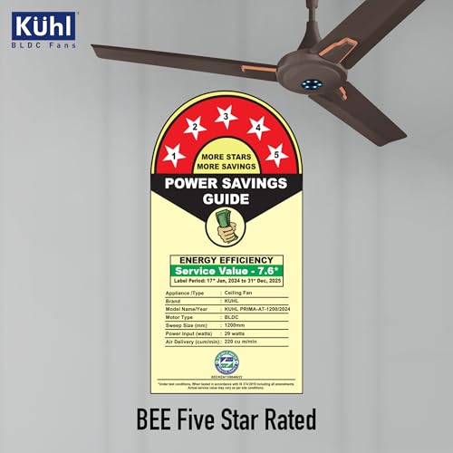 KUHL Prima A7 1200mm Stylish 65% Power Saving BLDC Ceiling Fan with Remote |29W | BEE 5 Star Rated & ISI Marked|High Air Delivery with LED Indicators|2 Yrs Warranty |Espresso Brown - Image 6