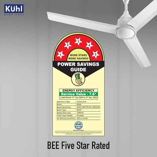 KUHL Arctis A4 1200MM 65% Stylish Power Saving BLDC Ceiling Fan with Remote | 29W | BEE 5 Star Rated & ISI Marked | High Air Flow | 5 Year Brand Warranty On Motor | White - Image 6