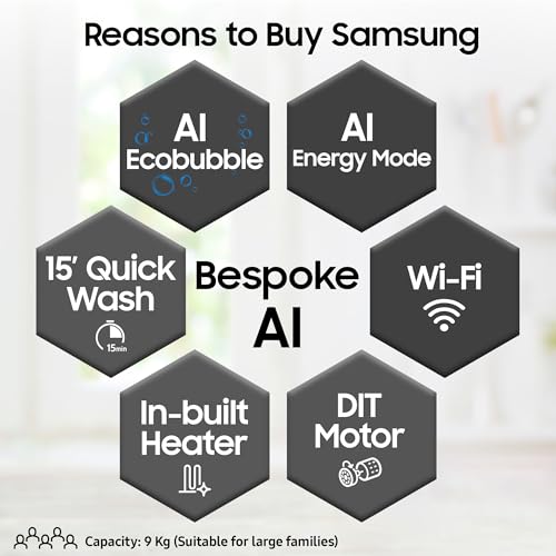 Samsung 9 kg, 5 star, AI EcoBubble, Super Speed, Wi-Fi, Hygiene Steam with Inbuilt Heater, Digital Inverter, Fully-Automatic Front Load Washing Machine (WW90DG5U24AXTL, Inox) - Image 4