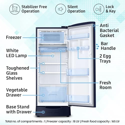 Samsung 183 L, 5 Star, Digital Inverter, Direct-Cool Single Door Refrigerator (RR20D2825HV/NL, Himalaya Poppy Blue, Base Stand Drawer) - Image 4