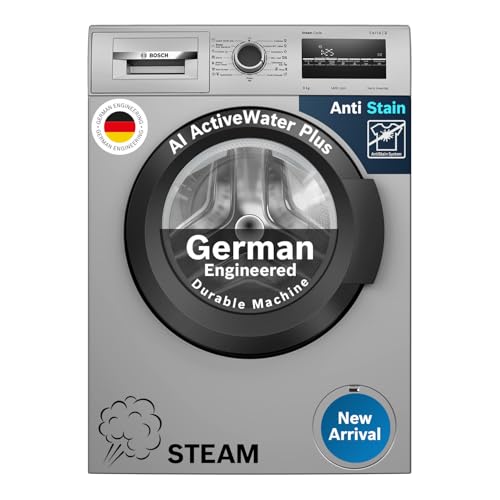 Bosch 8 kg, 5 Star, AI Active Water+, Anti-Tangle, Anti-Wrinkle Fully-Automatic Front Loading Washing Machine (WAJ2826BIN, Steam with Anti Bacteria, In-Built Heater, Shiny Silver)