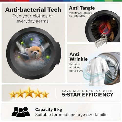 Bosch 8 kg, 5 Star, AI Active Water+, Anti-Tangle, Anti-Wrinkle Fully-Automatic Front Loading Washing Machine (WAJ2826BIN, Steam with Anti Bacteria, In-Built Heater, Shiny Silver) - Image 4