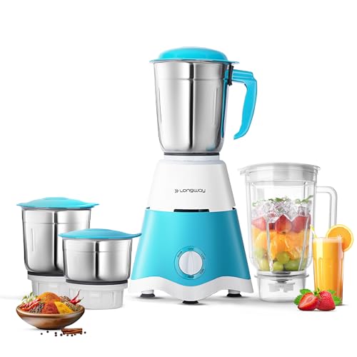 Longway Super Dlx Juicer Mixer Grinder | Up to 750 Watt Powerful Motor | 4 Jars for Grinding, Mixing, Juicing | 2 Year Warranty | Blue & White