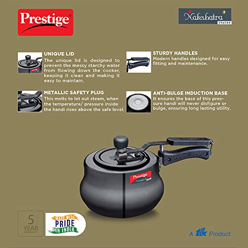 Prestige 2 Litres Svachh Induction Base Inner Lid Hard Anodised Handi| Black | Deep Lid Spillage Control | Metallic Safety Plug | Anti-Bulge Base - Image 5