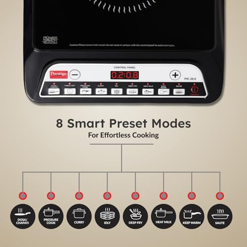 Prestige PIC 20 1600 Watts Induction Cooktop | 4KV Surge Protection | 8 Preset Indian Menu Options & Timer | Soft Touch Button | Easy to Clean | Portable | Black | 1Y Warranty | BIS - Image 5