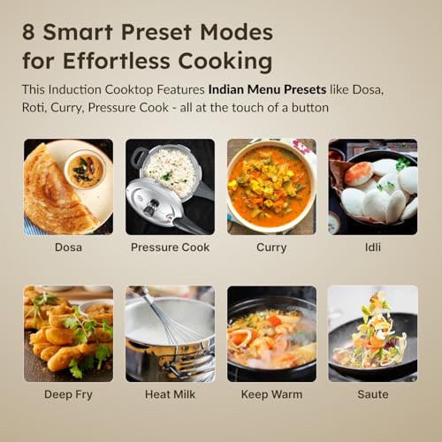 Prestige PIC 20 1600 Watts Induction Cooktop | 4KV Surge Protection | 8 Preset Indian Menu Options & Timer | Soft Touch Button | Easy to Clean | Portable | Black | 1Y Warranty | BIS - Image 6