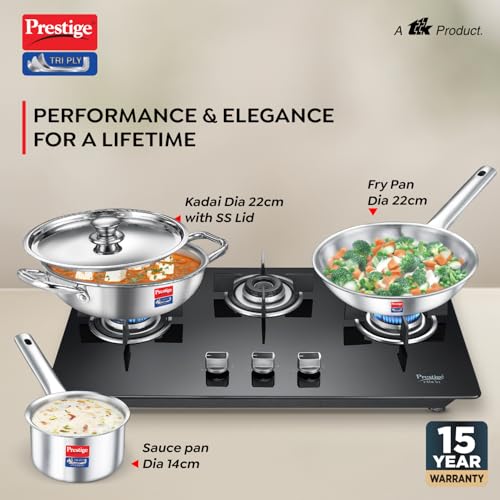 Prestige TRIPLY 4 Pc Cookware Set | TRIPLY Splendid | Fry Pan 22cm/1.9L | Kadai 22cm/2.5L | Sauce Pan 14cm/1.3L | SS Lid 24cm | Gas & Induction Compatible | Even Heat Distribution | 15Y Warranty | ISI - Image 3