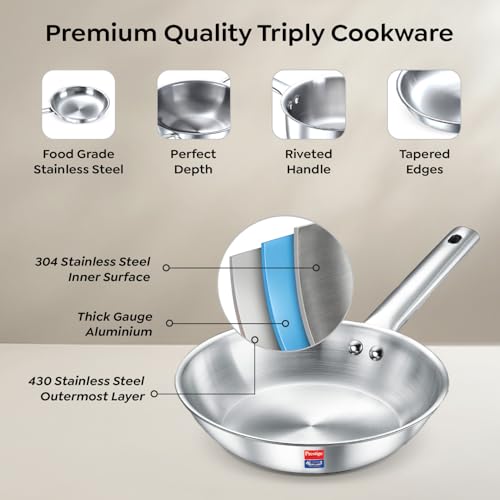 Prestige TRIPLY 4 Pc Cookware Set | TRIPLY Splendid | Fry Pan 22cm/1.9L | Kadai 22cm/2.5L | Sauce Pan 14cm/1.3L | SS Lid 24cm | Gas & Induction Compatible | Even Heat Distribution | 15Y Warranty | ISI - Image 4