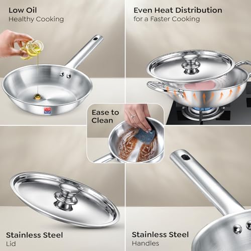Prestige TRIPLY 4 Pc Cookware Set | TRIPLY Splendid | Fry Pan 22cm/1.9L | Kadai 22cm/2.5L | Sauce Pan 14cm/1.3L | SS Lid 24cm | Gas & Induction Compatible | Even Heat Distribution | 15Y Warranty | ISI - Image 5