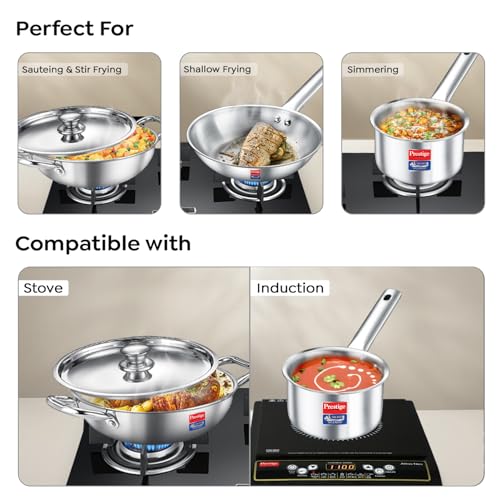 Prestige TRIPLY 4 Pc Cookware Set | TRIPLY Splendid | Fry Pan 22cm/1.9L | Kadai 22cm/2.5L | Sauce Pan 14cm/1.3L | SS Lid 24cm | Gas & Induction Compatible | Even Heat Distribution | 15Y Warranty | ISI - Image 6