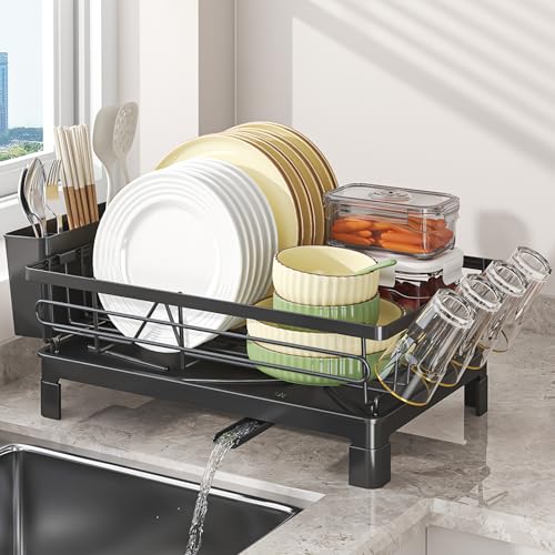 DEVA Raised Dish Drying Rack, Space Saving Utensils Drying Rack, Stainless Steel Dish Rack with Drainer Tray, Utensil Holder and Cup Holder