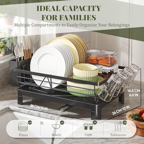 DEVA Raised Dish Drying Rack, Space Saving Utensils Drying Rack, Stainless Steel Dish Rack with Drainer Tray, Utensil Holder and Cup Holder - Image 3