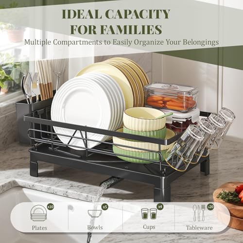 DEVA Raised Dish Drying Rack, Space Saving Utensils Drying Rack, Stainless Steel Dish Rack with Drainer Tray, Utensil Holder and Cup Holder - Image 4