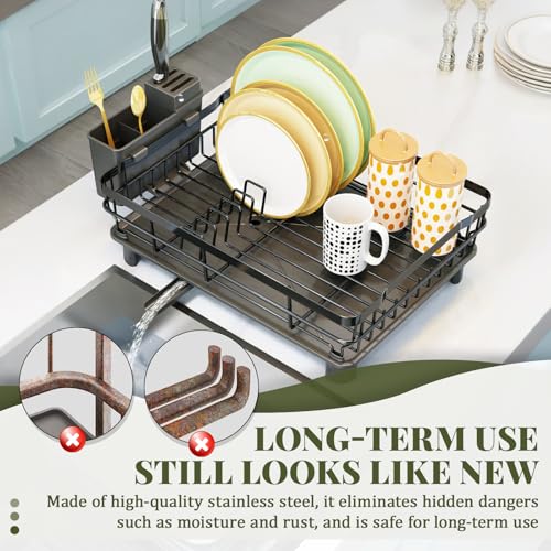 DEVA Raised Dish Drying Rack, Space Saving Utensils Drying Rack, Stainless Steel Dish Rack with Drainer Tray, Utensil Holder and Cup Holder - Image 7