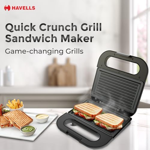 Havells Quick Crunch Grill Sandwich Maker | 800 W | Power Indicator Light | Non-Stick Coating Plates | Heat Resistant Body | Quick Heating (Black) - Image 2
