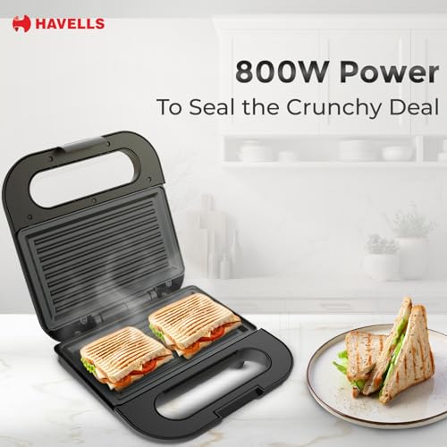 Havells Quick Crunch Grill Sandwich Maker | 800 W | Power Indicator Light | Non-Stick Coating Plates | Heat Resistant Body | Quick Heating (Black) - Image 3