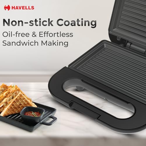 Havells Quick Crunch Grill Sandwich Maker | 800 W | Power Indicator Light | Non-Stick Coating Plates | Heat Resistant Body | Quick Heating (Black) - Image 4