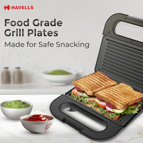 Havells Quick Crunch Grill Sandwich Maker | 800 W | Power Indicator Light | Non-Stick Coating Plates | Heat Resistant Body | Quick Heating (Black) - Image 6