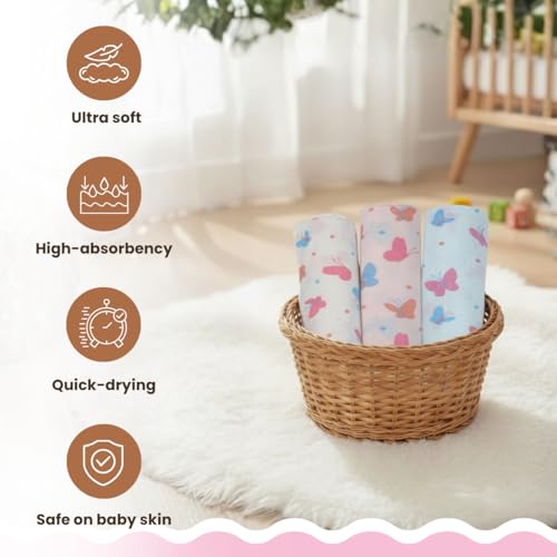 Mafatlal Coo Coo Baby Swaddle Wrapper (Pack of 3) | 100% Cotton Muslin | Butterfly Garden Print | 100x100 cm | Soft, Breathable & Hypoallergenic | for Babies 0–6 Months | Unisex - Image 3