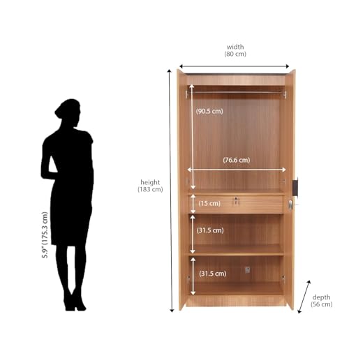Nilkamal Milford Neo 2 Door Wooden Wardrobe Without Mirror for Bedroom | Almirah with 1 Hanging Rod, 1 Lockable Drawer & 3 Shelves | Clothes Cupboard | Engineered Wood | Urban Teak - Image 3