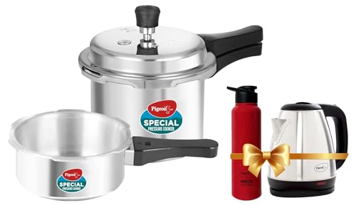 Pigeon Aluminium By Stovekraft 12708 Pressure Cooker Combo, Outer Lid, Without Induction Base (2 Litre And 3 Litre, Silver) & 1.5 Litre Hot Kettle And Water Bottle Combo (Silver)