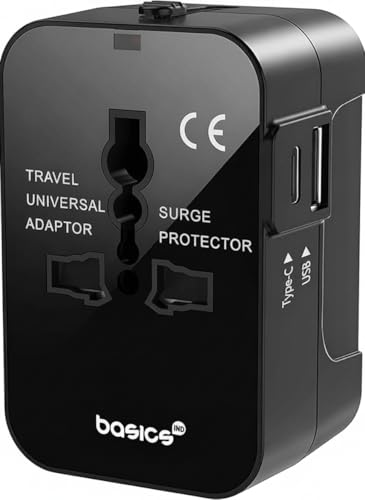 Basics India Universal Travel Adapter with Surge Protection & USB-C Charging – All-in-One Global Power Converter/Compatible with Smartphones, Laptops, Camera, Mobiles, Tablets (Black)