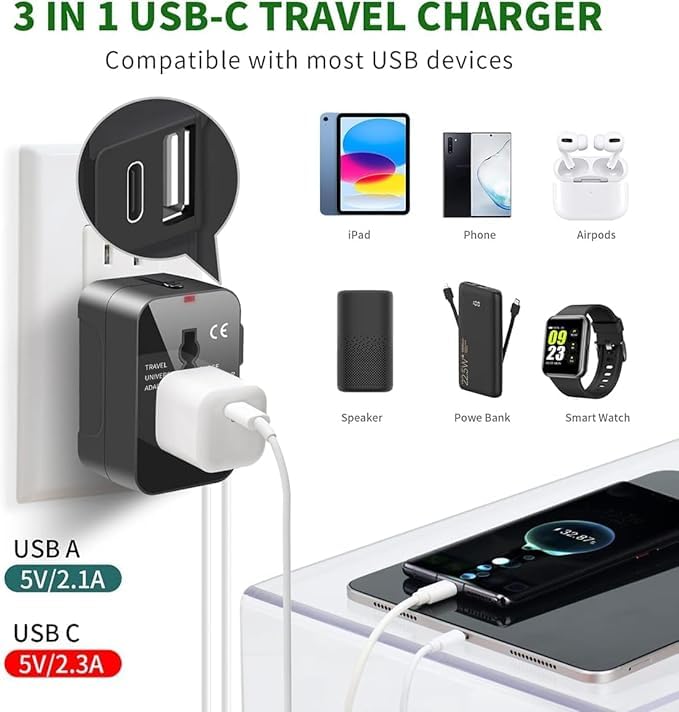 Basics India Universal Travel Adapter with Surge Protection & USB-C Charging – All-in-One Global Power Converter/Compatible with Smartphones, Laptops, Camera, Mobiles, Tablets (Black) - Image 3