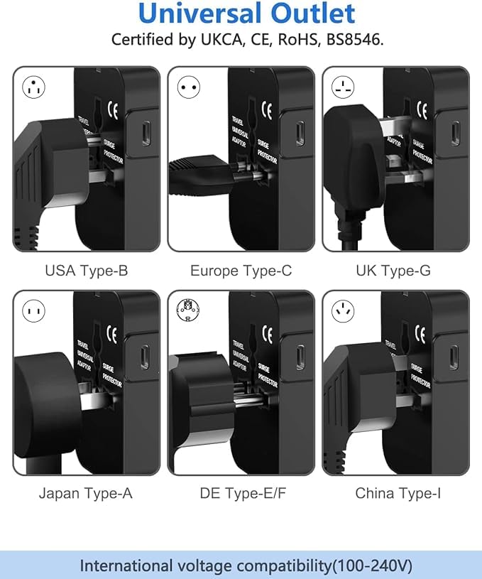 Basics India Universal Travel Adapter with Surge Protection & USB-C Charging – All-in-One Global Power Converter/Compatible with Smartphones, Laptops, Camera, Mobiles, Tablets (Black) - Image 6