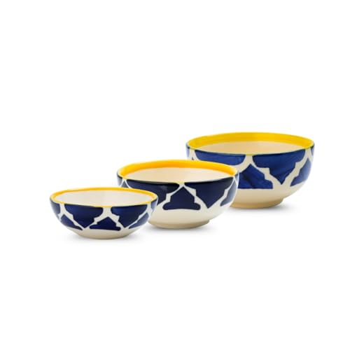 Moroccan Print Blue Ceramic Bowls Set of 3, Microwave & Dishwasher Safe Perfect for Serving Pasta, Maggi, Cereal, Snacks, Rice, Dal, Fruits, for Daily Use & Gifting.(75ml, 125ml & 200ml)